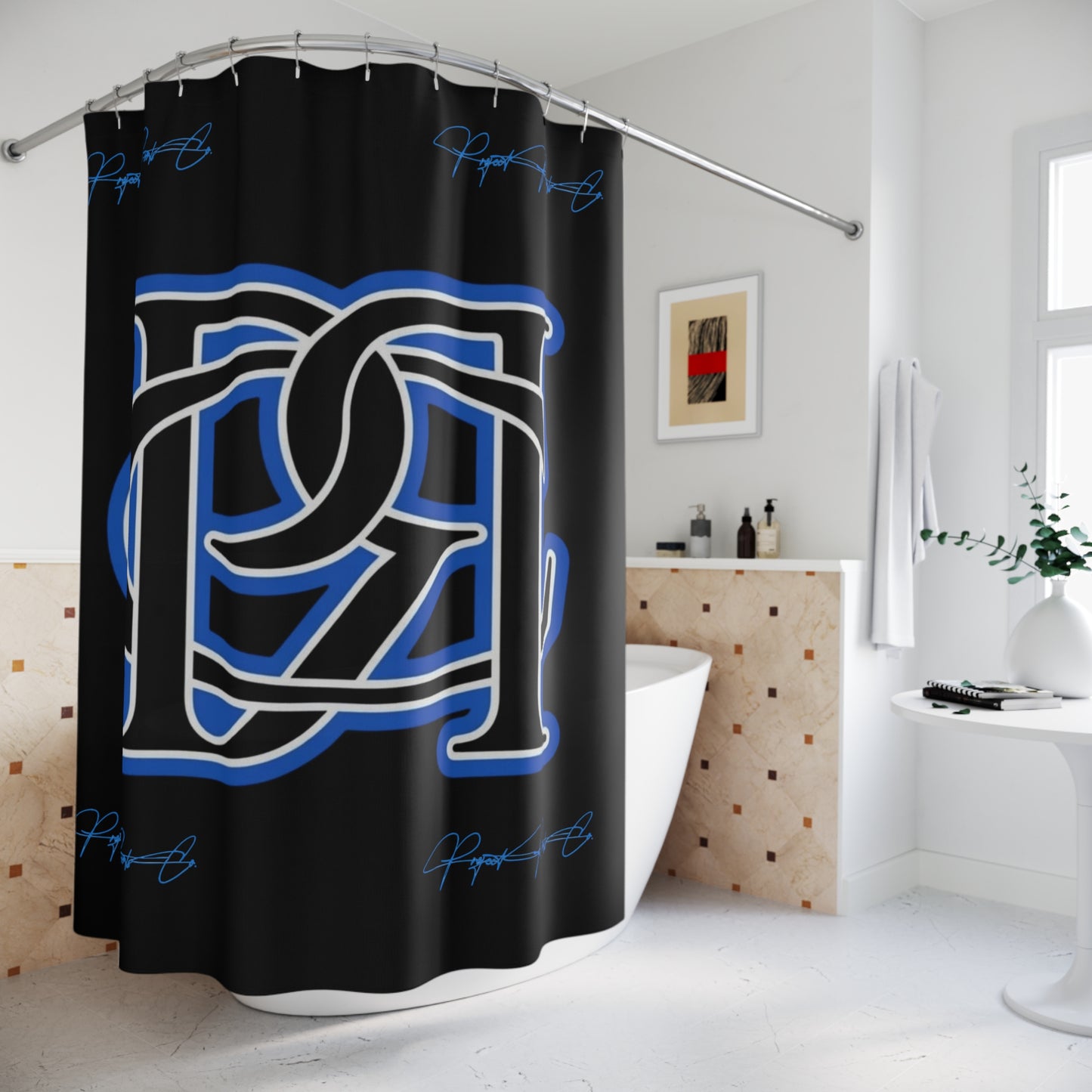 PRC Shower Curtain — Monogram Interlock Design in Black & Blue