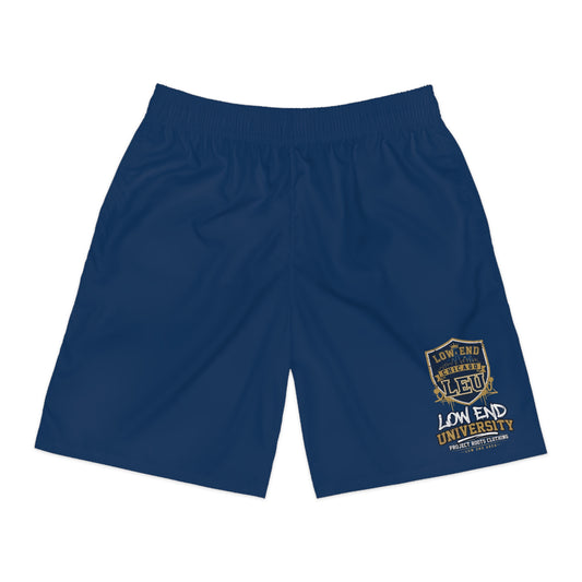 LEU Men's Navy Jogger Shorts with 'Low End University' Crest – Athletic Casual Summer Shorts