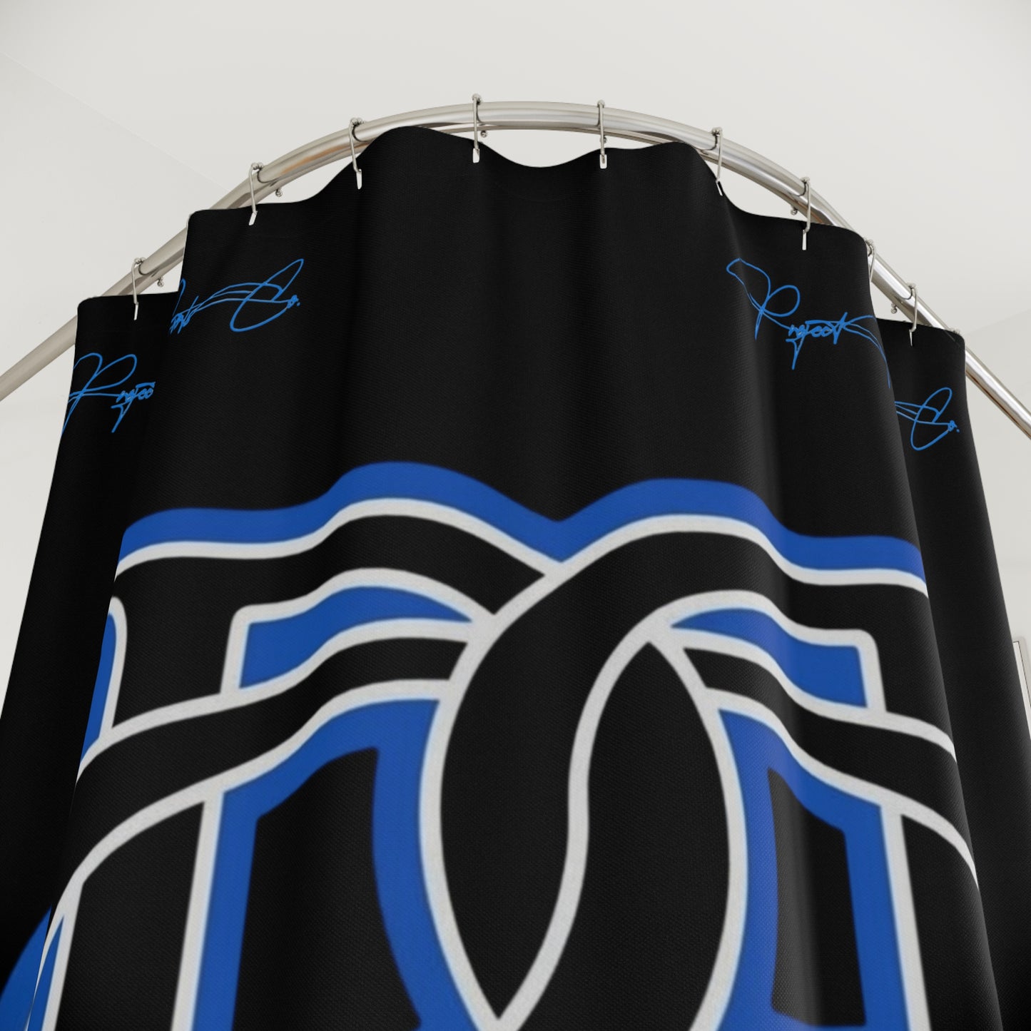 PRC Shower Curtain — Monogram Interlock Design in Black & Blue