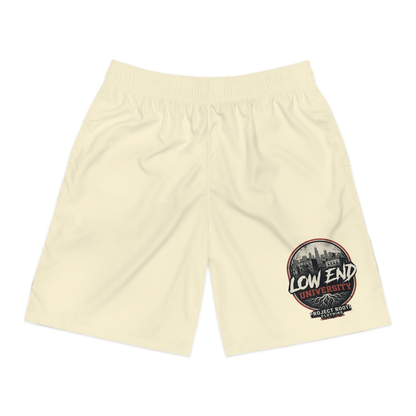 Low End  Men's Tan Jogger Shorts with 'Low End University' Crest – Athletic Casual Summer Shorts