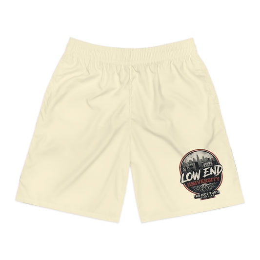 Low End  Men's Tan Jogger Shorts with 'Low End University' Crest – Athletic Casual Summer Shorts