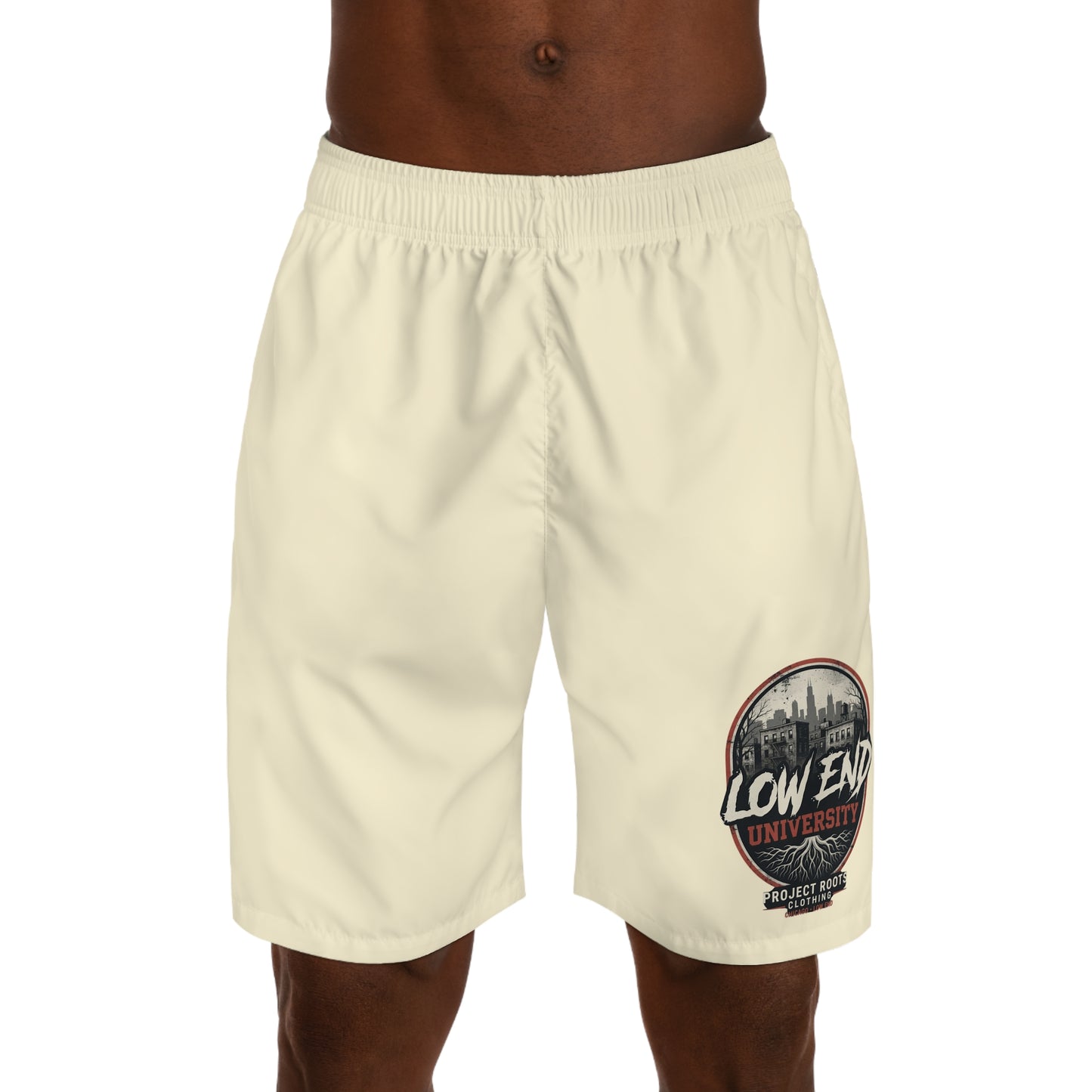 Low End  Men's Tan Jogger Shorts with 'Low End University' Crest – Athletic Casual Summer Shorts