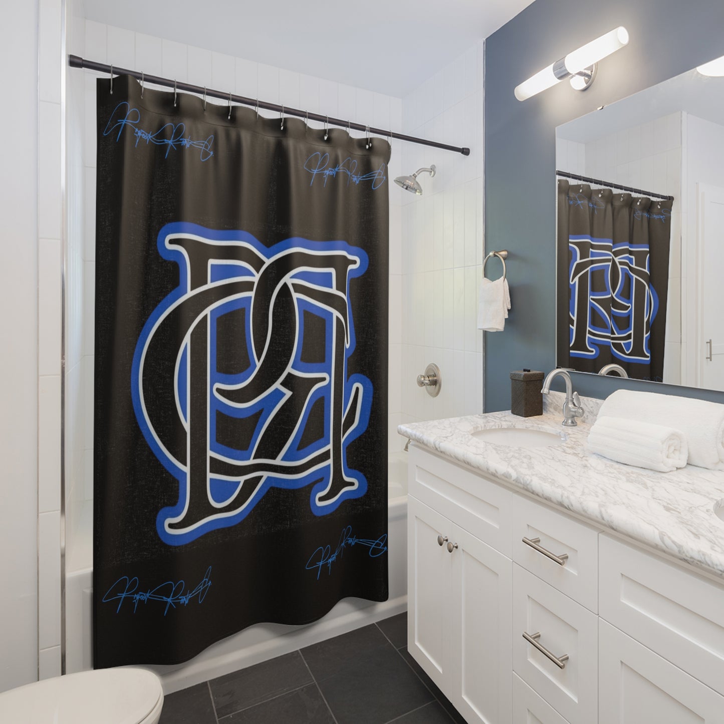 PRC Shower Curtain — Monogram Interlock Design in Black & Blue