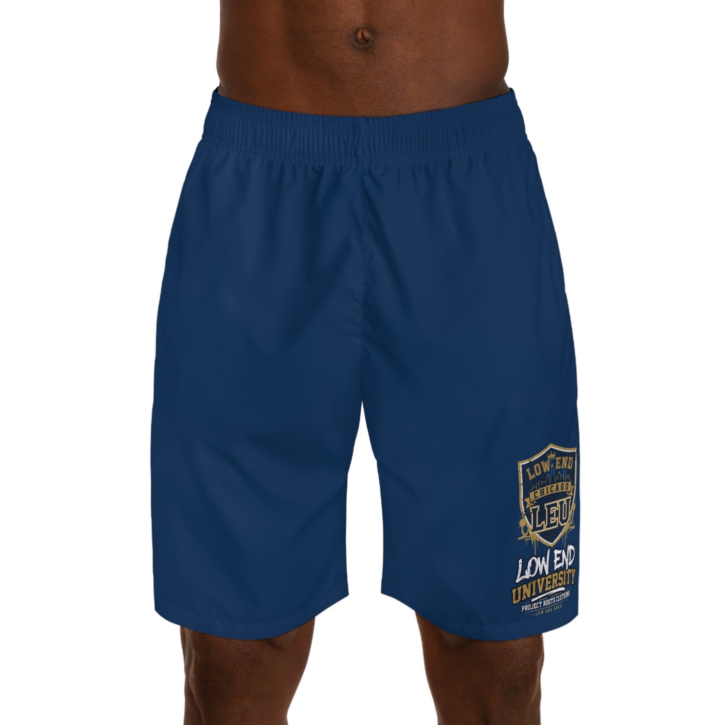 LEU Men's Navy Jogger Shorts with 'Low End University' Crest – Athletic Casual Summer Shorts