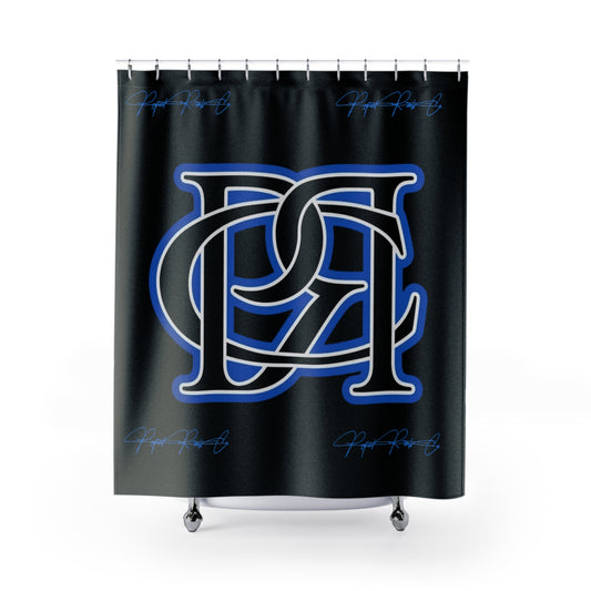 PRC Shower Curtain — Monogram Interlock Design in Black & Blue